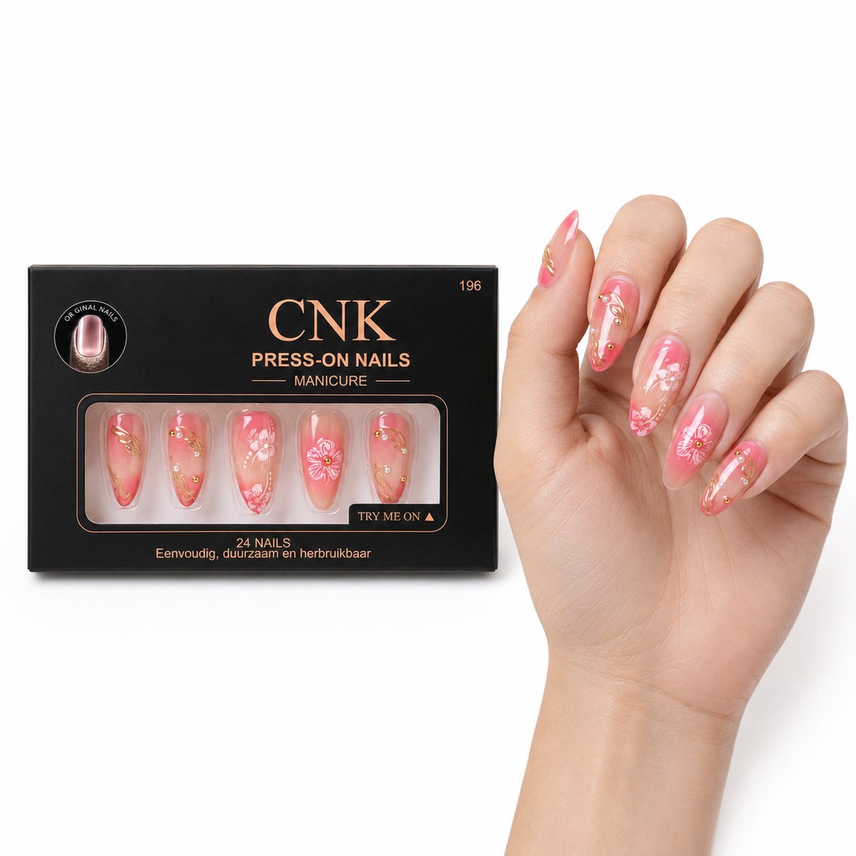 CNK 196 Press On Nails - Plaknagels - 24 Kunstnagels met Nagellijm, 24 Zelfklevende Plakstickers, Cleaner Wipe, Nagelvijl, Woodstick & Size Matcher - Nepnagels voor 7-14 Dagen - Herbruikbare Press-On Nagels - Starterspakket voor Manicure & Nail Art