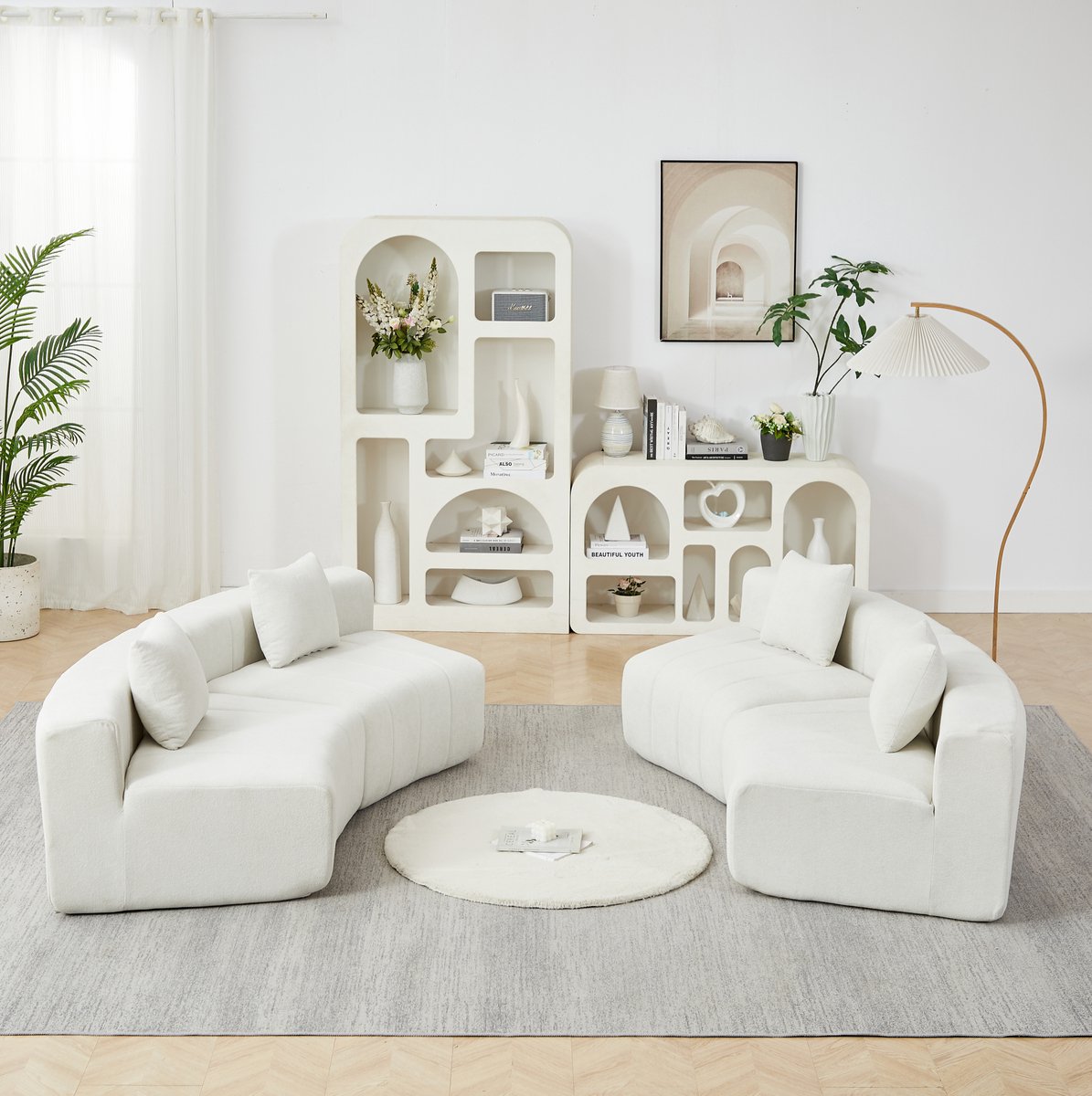 OKWISH Modulaire Bank – 4-Zits Gebogen Chenille Bank – Met 2 Kussens, Zonder Montage – Voor Woonkamer, Slaapkamer en Kantoor – Beige