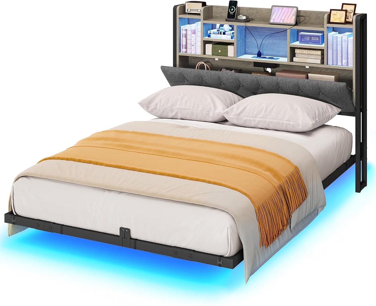 Ledikant 140x200 cm - Modern bedframe met verlichte kopsteun en opbergruimte van Industrohome