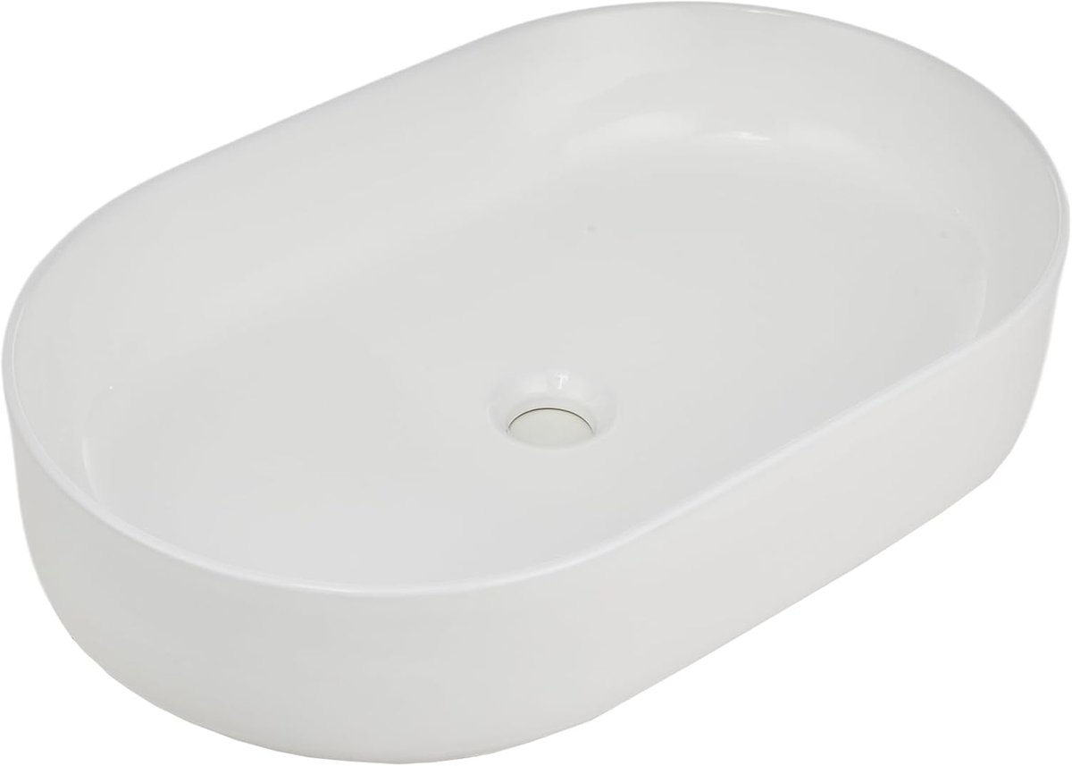 Ovale Opbouw & Wandmontage Wastafel - 60 x 37 cm - Keramische Waskom met Overloop - Thin Edge Glanzend Wit Porselein - Wasbak voor Badkamer & Toilet