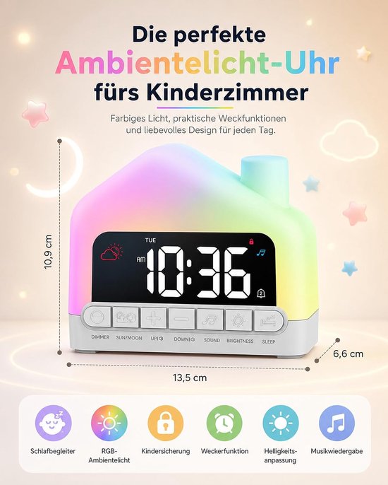 Kinderwekker Slaaptrainer - Nachtlampje Melodie - Avondroutine Ochtend - Zon Maan Symbool - USB-C Aansluiting - Wit — afbeelding 5