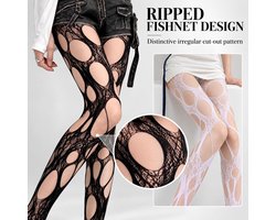 Gescheurde netpanty in zwart en wit, 2 stuks, trendy netstructuur, onregelmatige patronen en edgy look voor een opvallende outfit