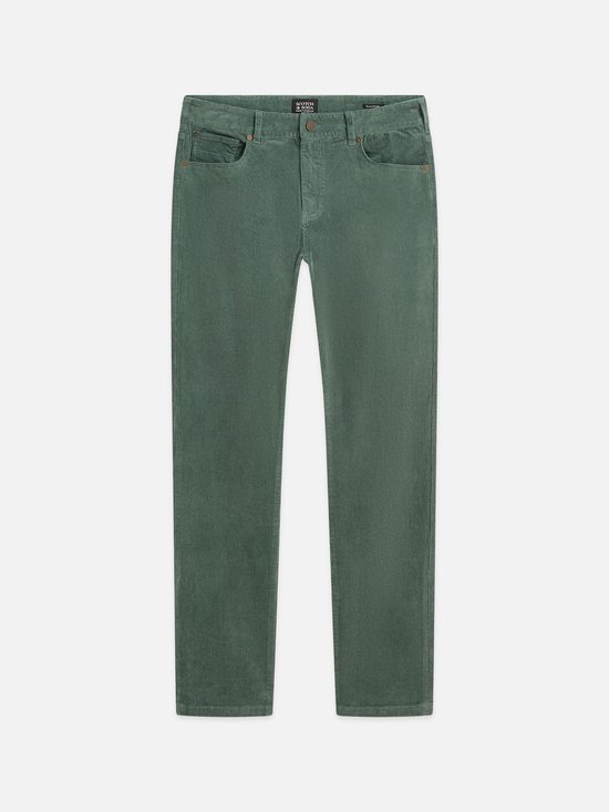 Groene corduroy broek met vijf zakken en Scotch & Soda label aan de binnenkant.