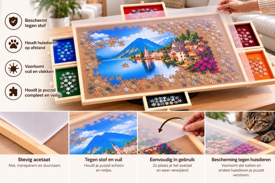 Puzzelbord met beschermende plastic plaat tegen stof, vuil en huisdieren.