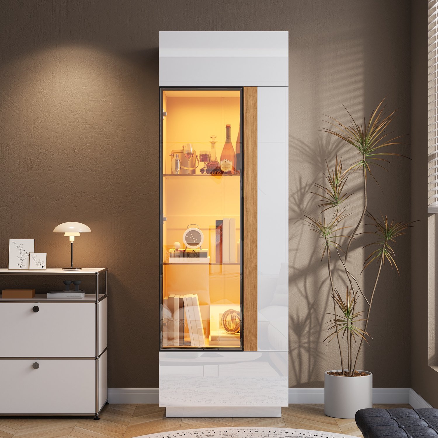 Welltin Vitrinekast 60 x 40 x 180 cm - glazen deur - gesloten opbergruimte - appgestuurde LED-verlichting - Wit
