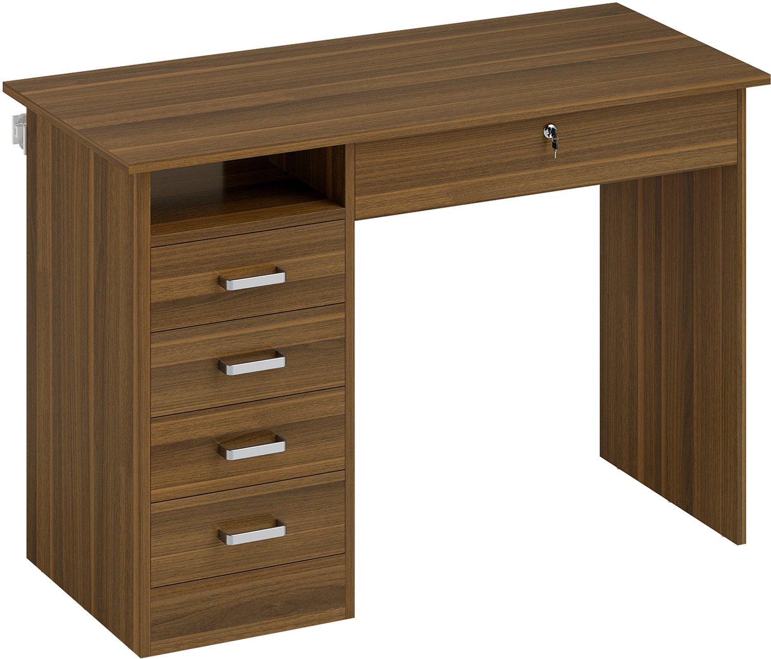 MUVANO Computerbureau met vijf lades - Afsluitbare lade - Open opbergvak - Melamine - 110 x 50 x 76 cm - Documenten opbergen - Voor thuiskantoor - Donker walnoot Bruin