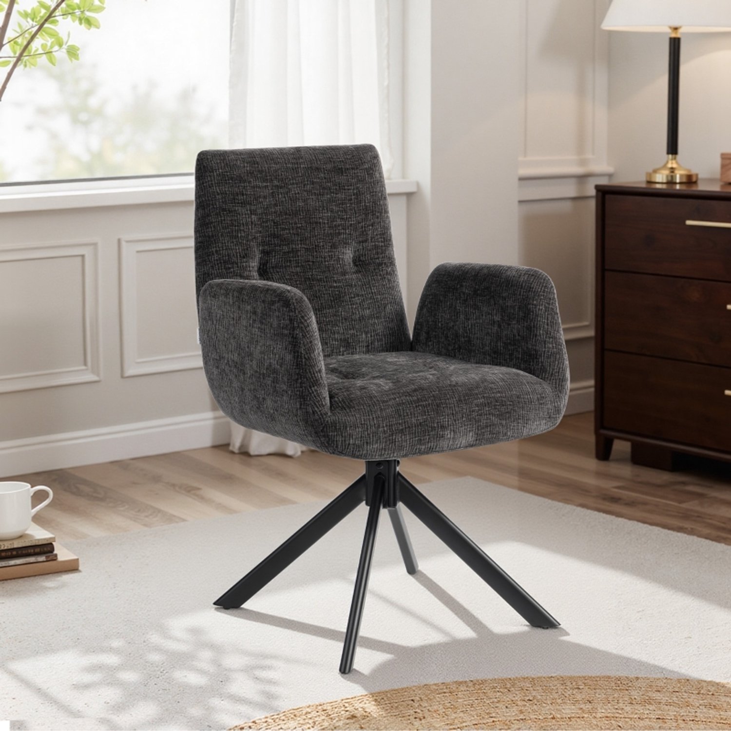 OKWISH Fauteuil 60 x 61 x 88 cm - 360 Graden Draaibaar met Gewatteerde Zitting - voor Woonkamer en Leeshoek - Polyester en Staal - Zwart