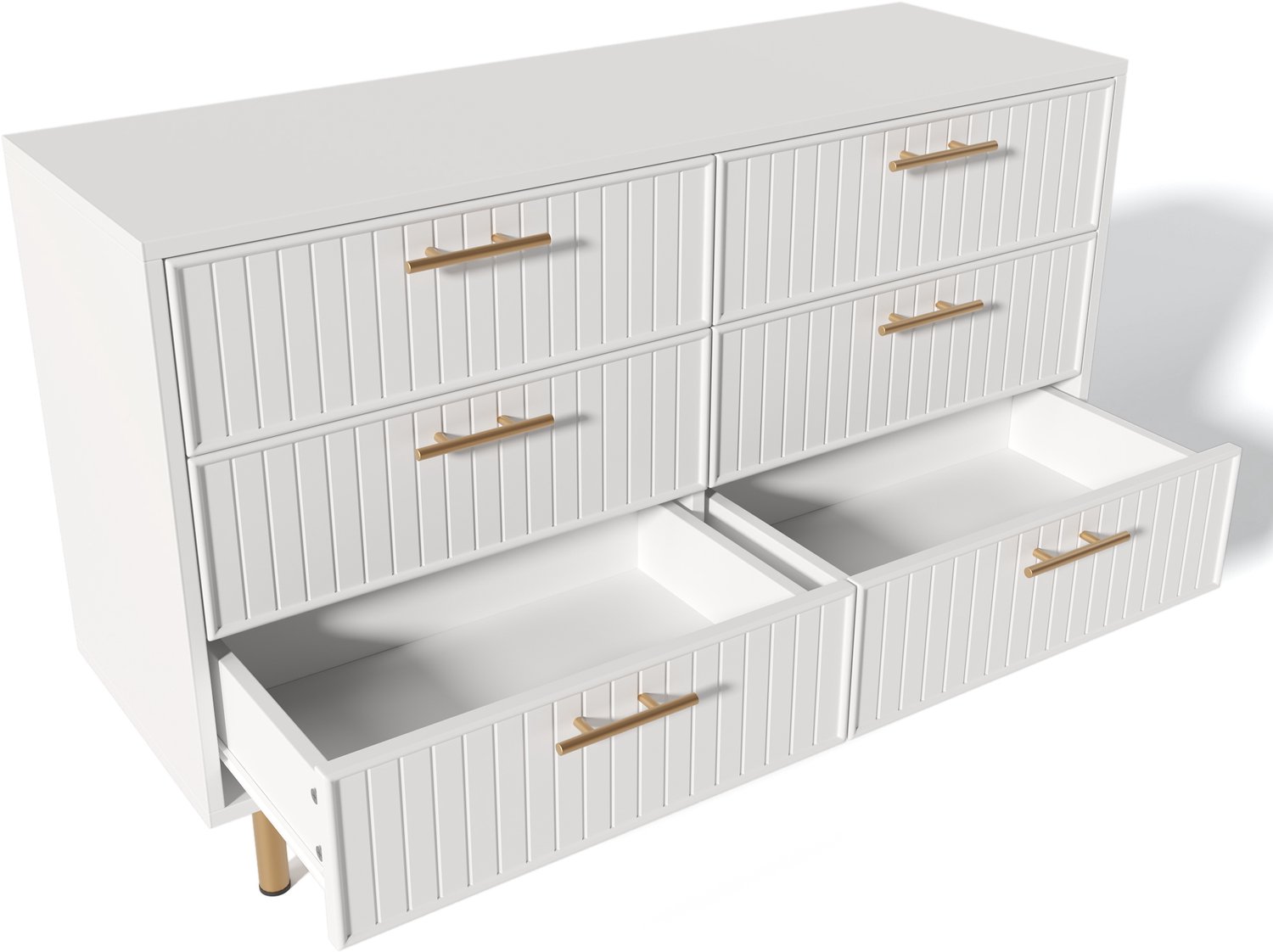 Ropilly Ladekast met 6 lades - 75 x 120 x 40 cm - Witte ladekast met metalen poten en gouden handgrepen - Voor slaapkamer en woonkamer