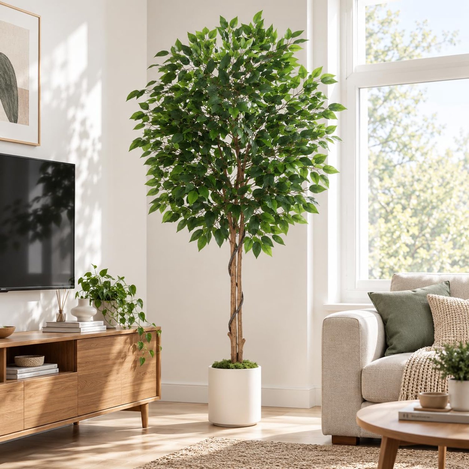 LIFERUN 180cm Kunstmatige Ficus - Kunstplant Realistisch - in Witte Pot - voor Thuis en Kantoor