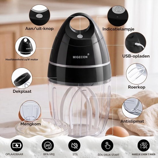 Keukenmixer - Grijs - 900 ml - Draagbare Elektrische Garde voor Eieren en Room - Voor Thuisgebruik — afbeelding 2