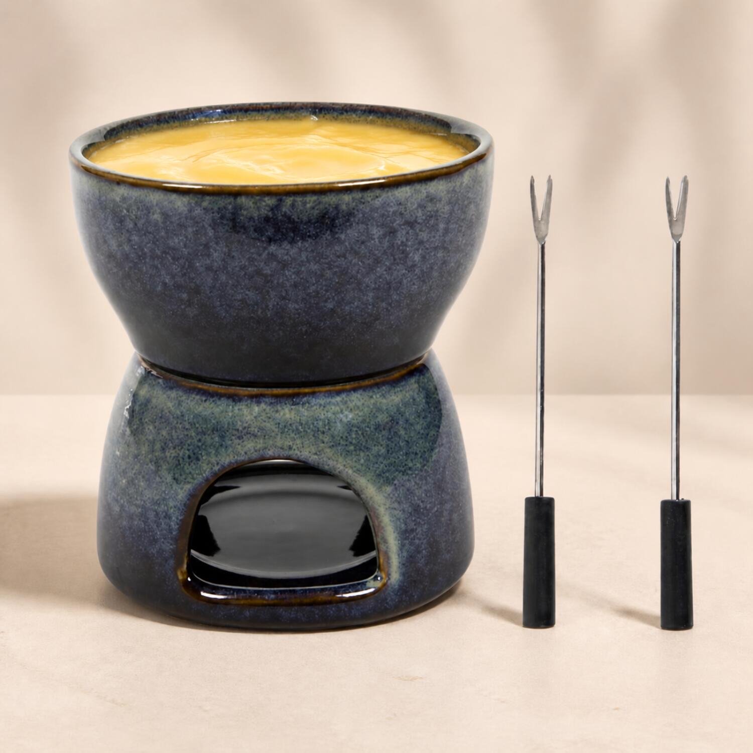 Bellatio Design Chocolade of kaas fondue set - met 2 vorken - blauw - porselein - voor 2 personen - moederdag - cadeau