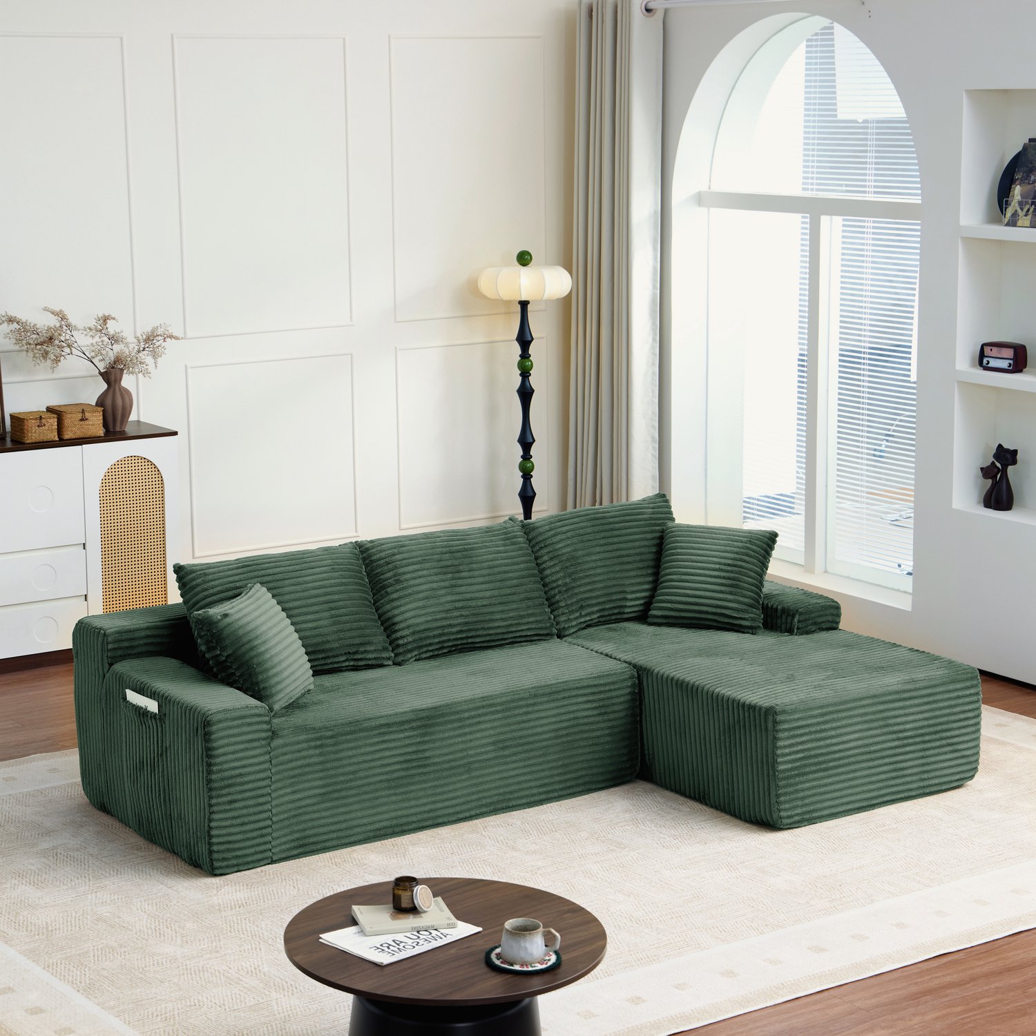 OKWISH Hoekbank 239 x 156 x 79 cm - Modulaire L-Vorm met Rechter Hoek - voor Woonkamer en Slaapkamer - Ribfluweel - Groen