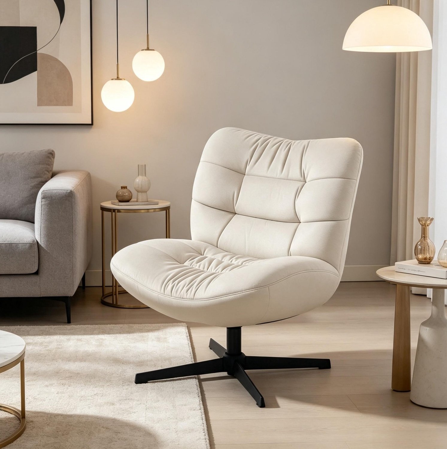 STILVORA Fauteuil - Draaibare Loungestoel - Breed Zitvlak en Zachte Rugleuning - Voor Woonkamer en Leeshoek - Chenille - Crème