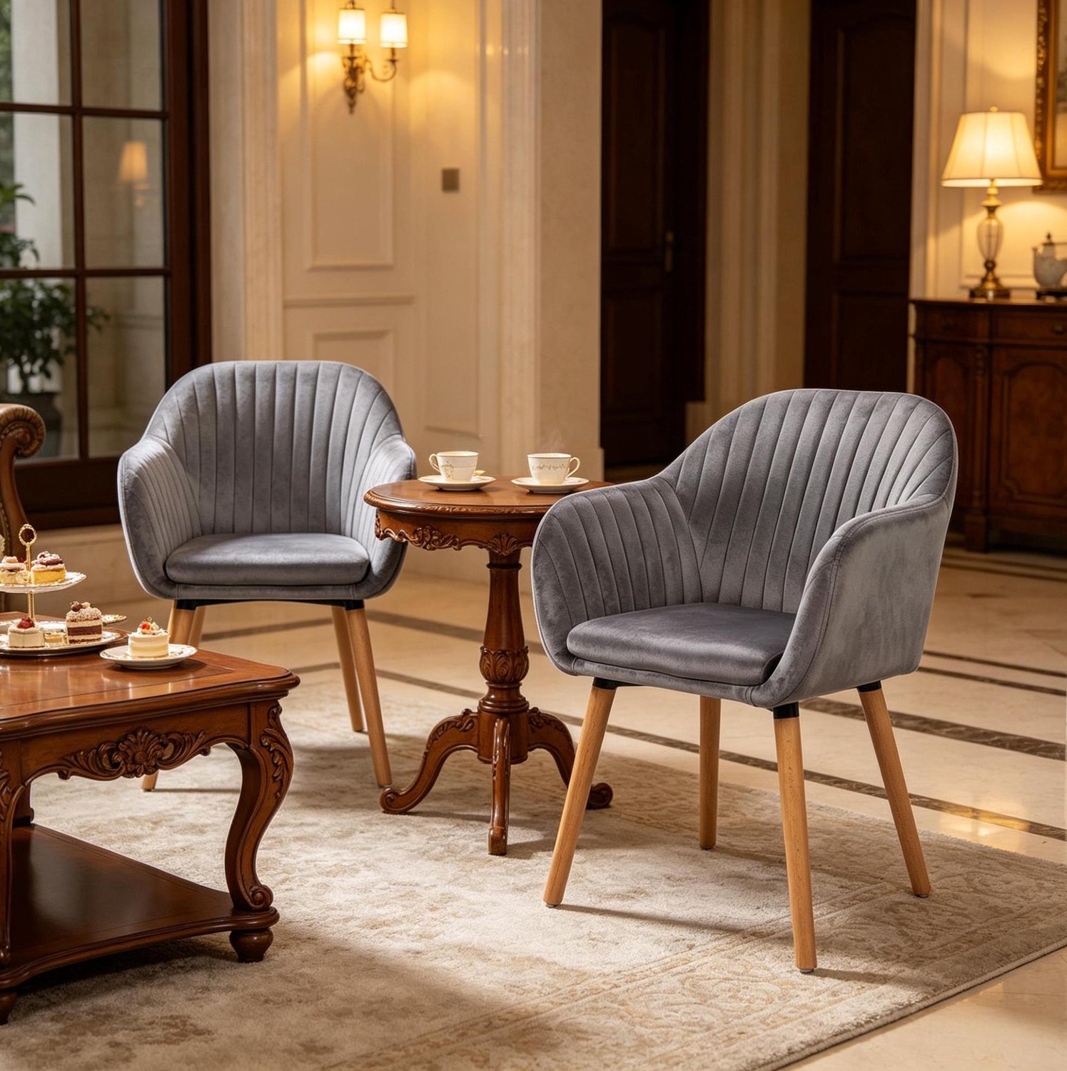 MODFU Eetkamerstoelen Set Van 2 - Met Armleuningen - Scandinavisch - Fluweel En Hout - Donkergrijs
