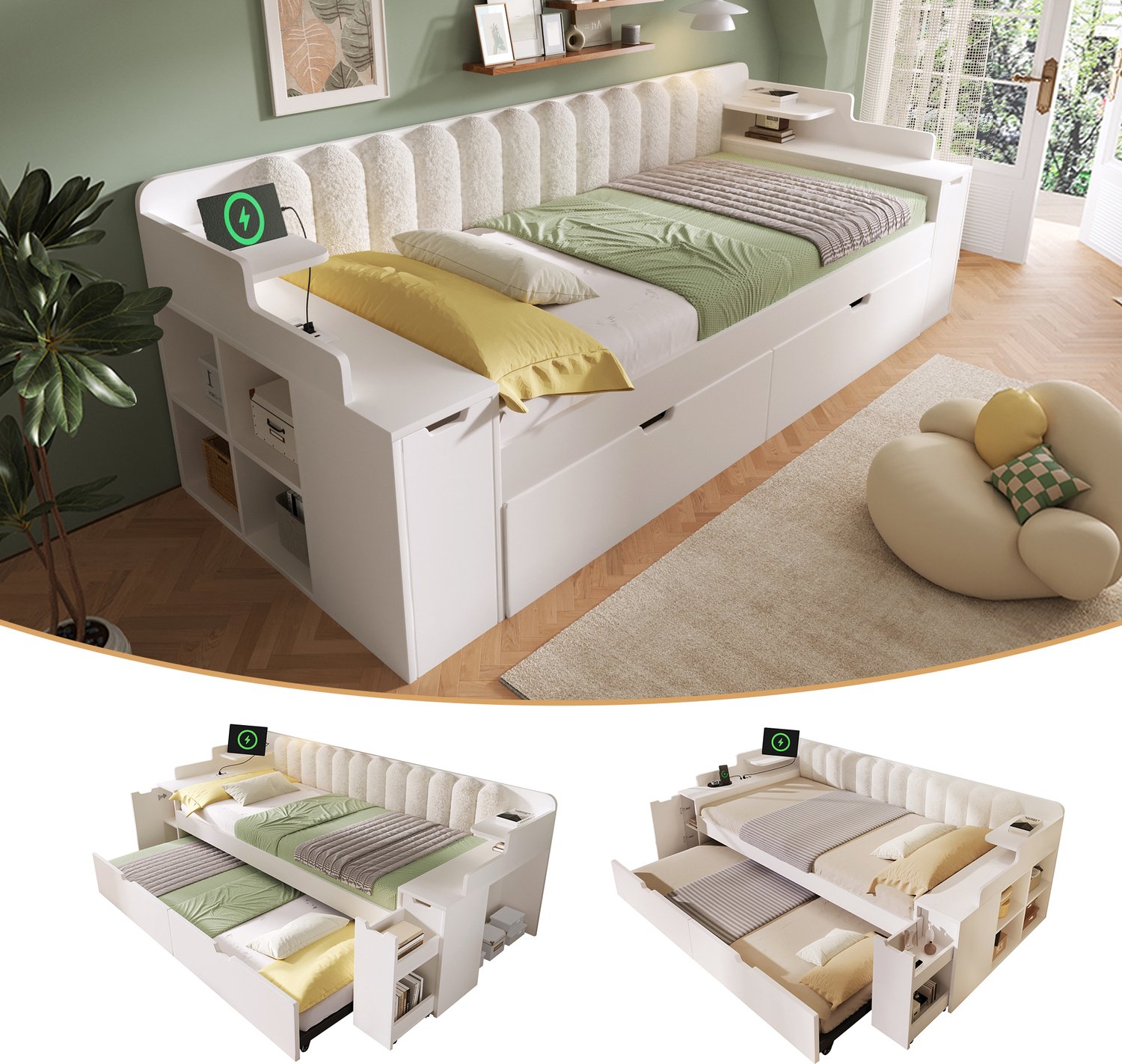 Merax Onderbed 90x200 cm - met lattenbodem - wieltjes en opbergvak - wit