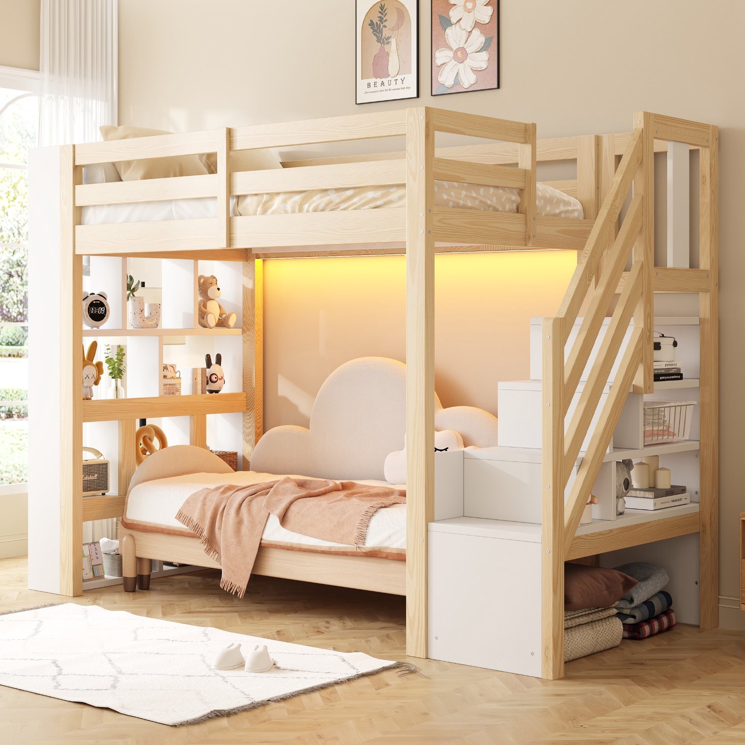 PHOEBE CAT Hoogslaper - 90 × 200 cm - Houten kinderbed - Met opbergplank - Veiligheidshek - LED-verlichting - Wit + Natuurlijke