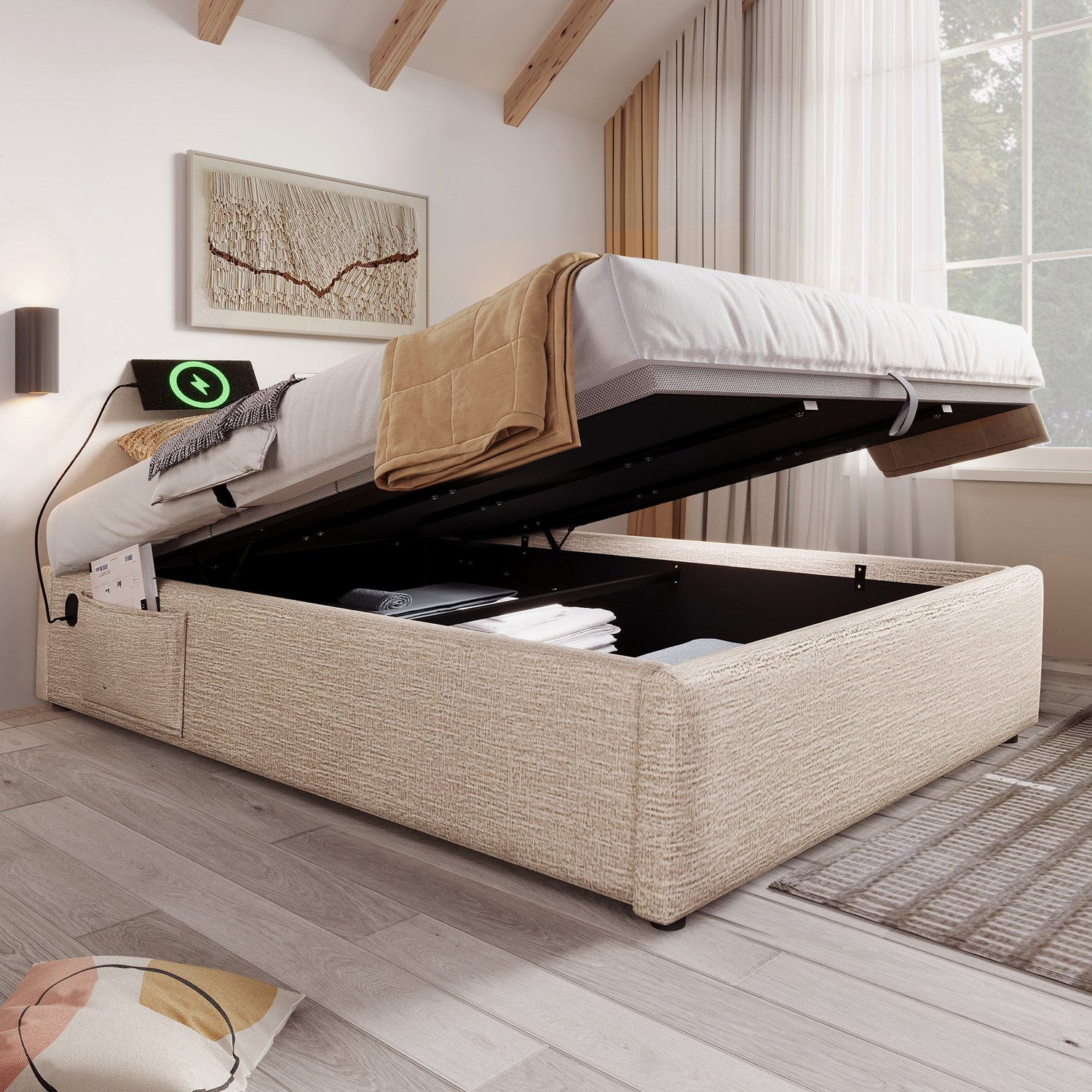 Wishdor Tweepersoonsbed 160x200 cm - Hydraulische opbergruimte - Gestoffeerd bedframe zonder hoofdbord - Vlakke houten bedbodem - USB- en USB-C-aansluiting - Linnen bekleding - Beige en naturel