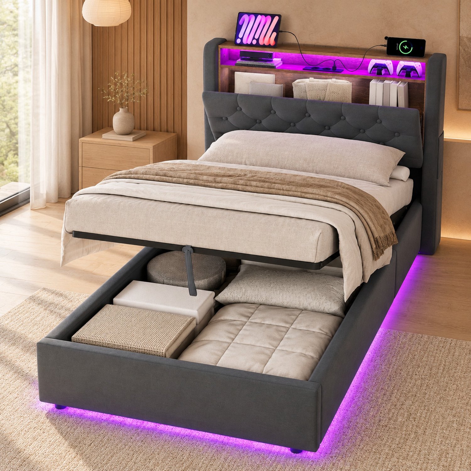 MIVRAY Opbergbed 90x200 Cm - Met Stopcontact - Fluweel Bekleding - Donkergrijs