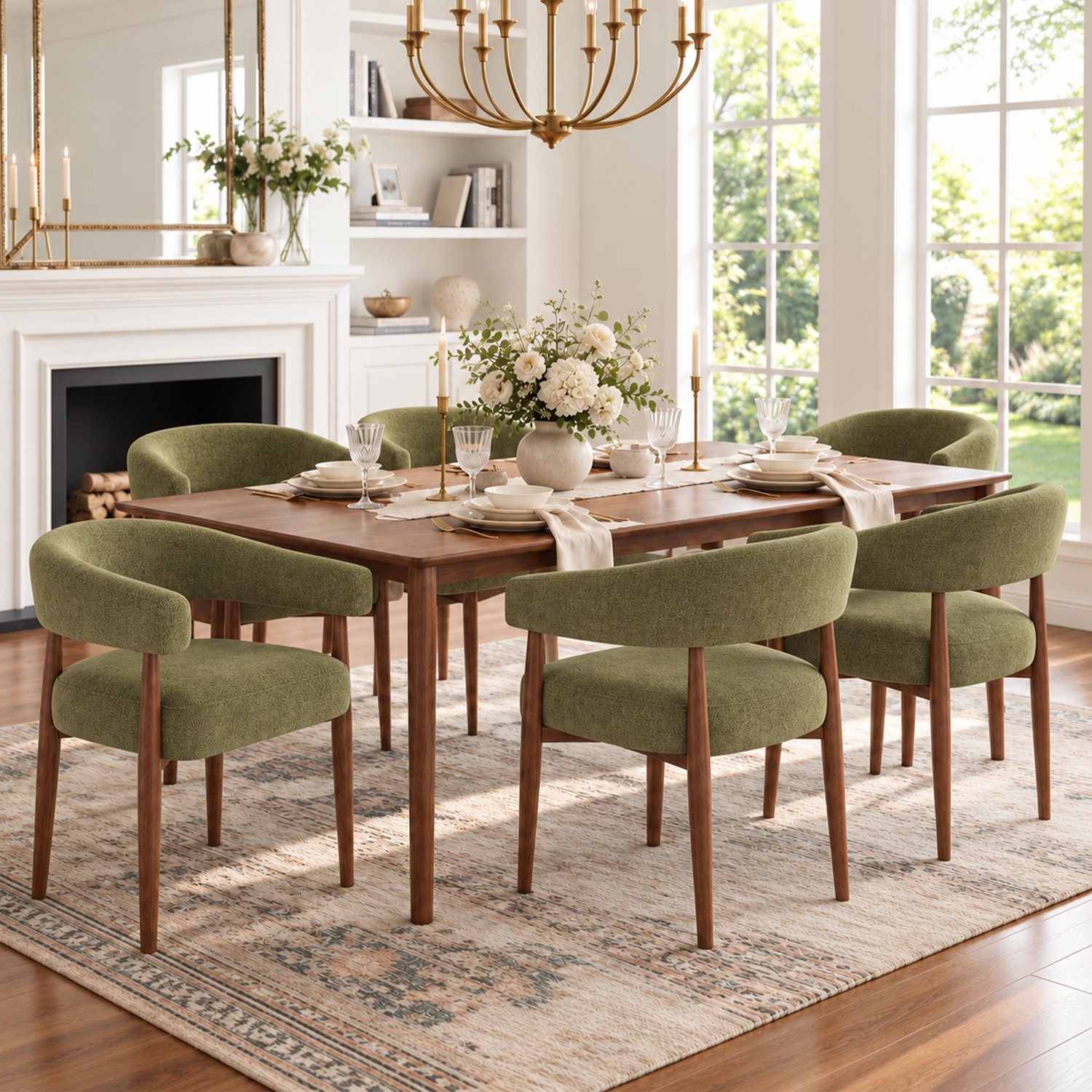 Clruro Eetkamerstoelen - 60×59×75 cm - Set van 6 - Houtlook - Chenille/Metaal - Olijfgroen/Walnoot