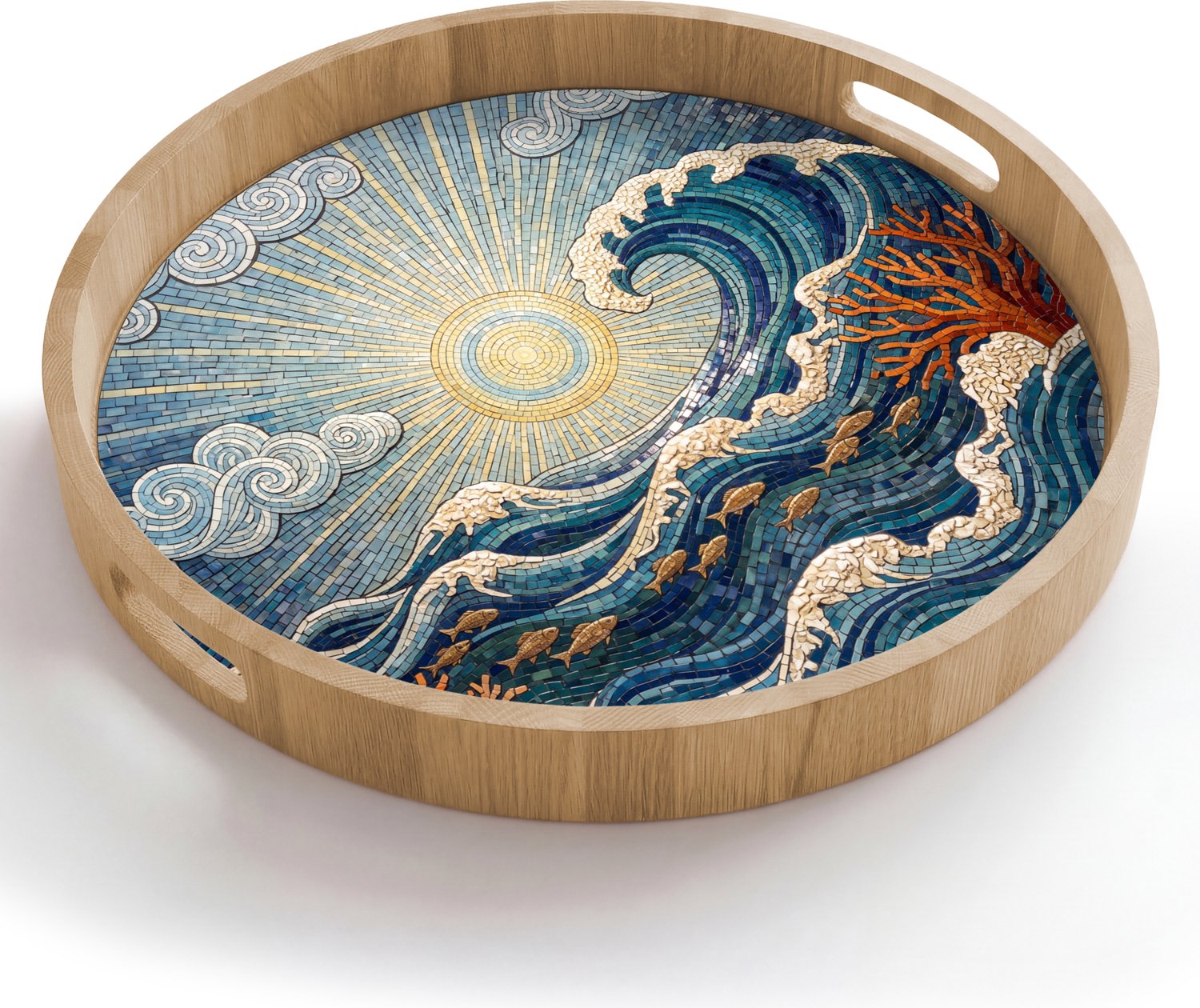 Dienblad rond 50x50 cm - Schootdienblad hout - Onderwater - Koraal - Vis - Natuur - Kunst - Borrelplank rechthoek - Plateau houten dienbladen