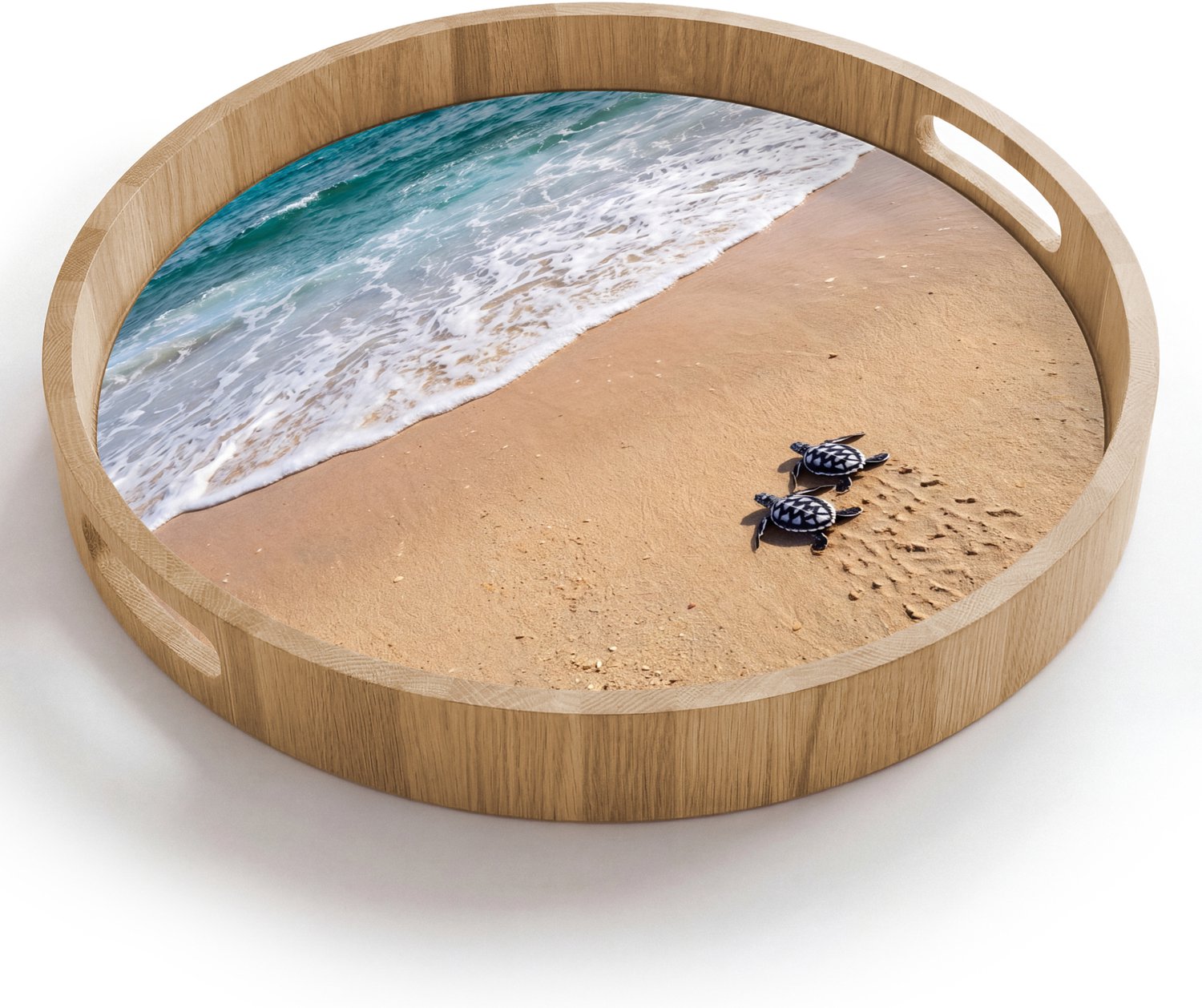 Dienblad rond 40x40 cm - Schootdienblad hout - Schildpad - Jong - Strand - Oceaan - Blauw - Borrelplank rechthoek - Plateau houten dienbladen