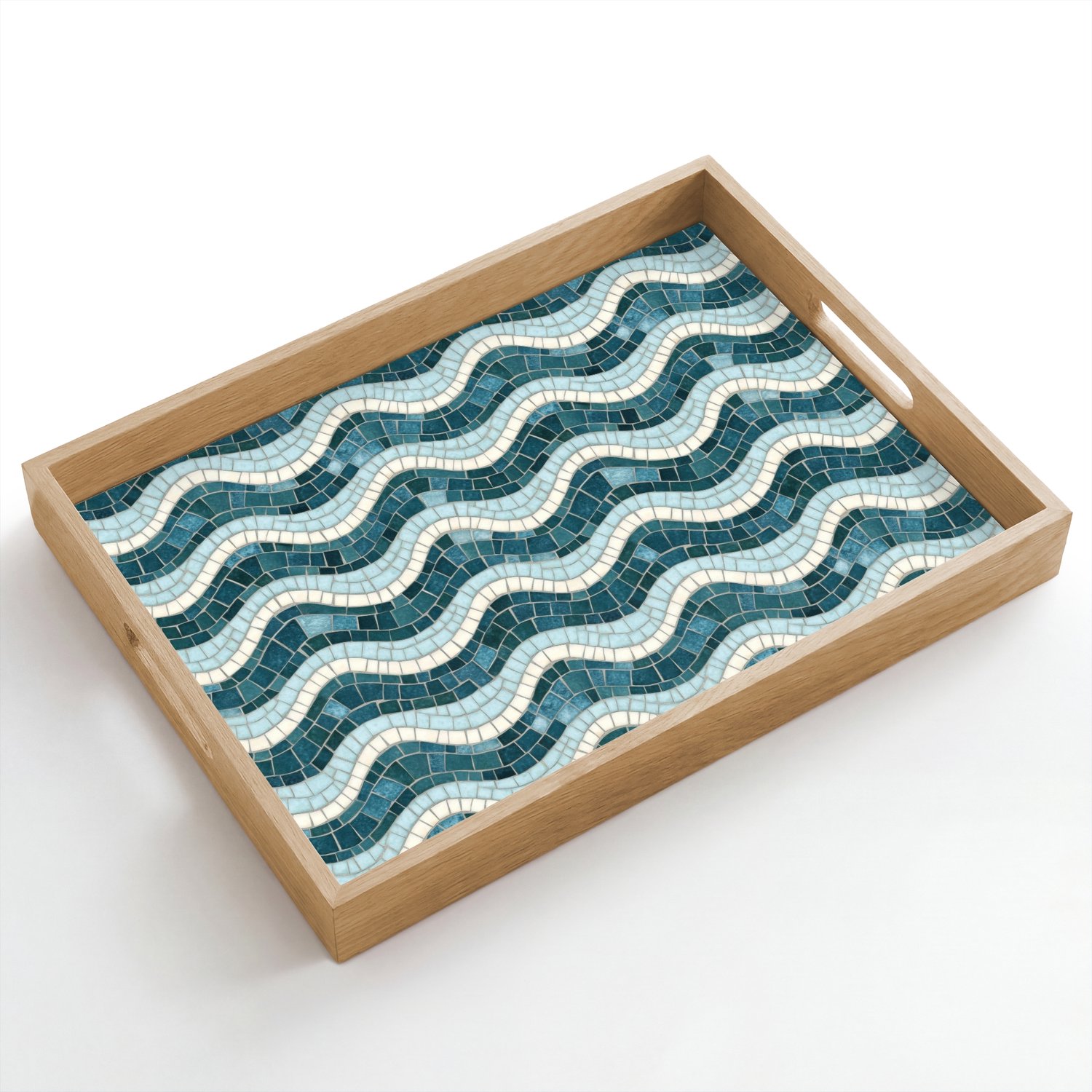 Dienblad hout 50x35 cm - Schootdienblad - Blauw - Wit - Mozaïek - Golvend - Borrelplank rechthoek - Plateau dienbladen