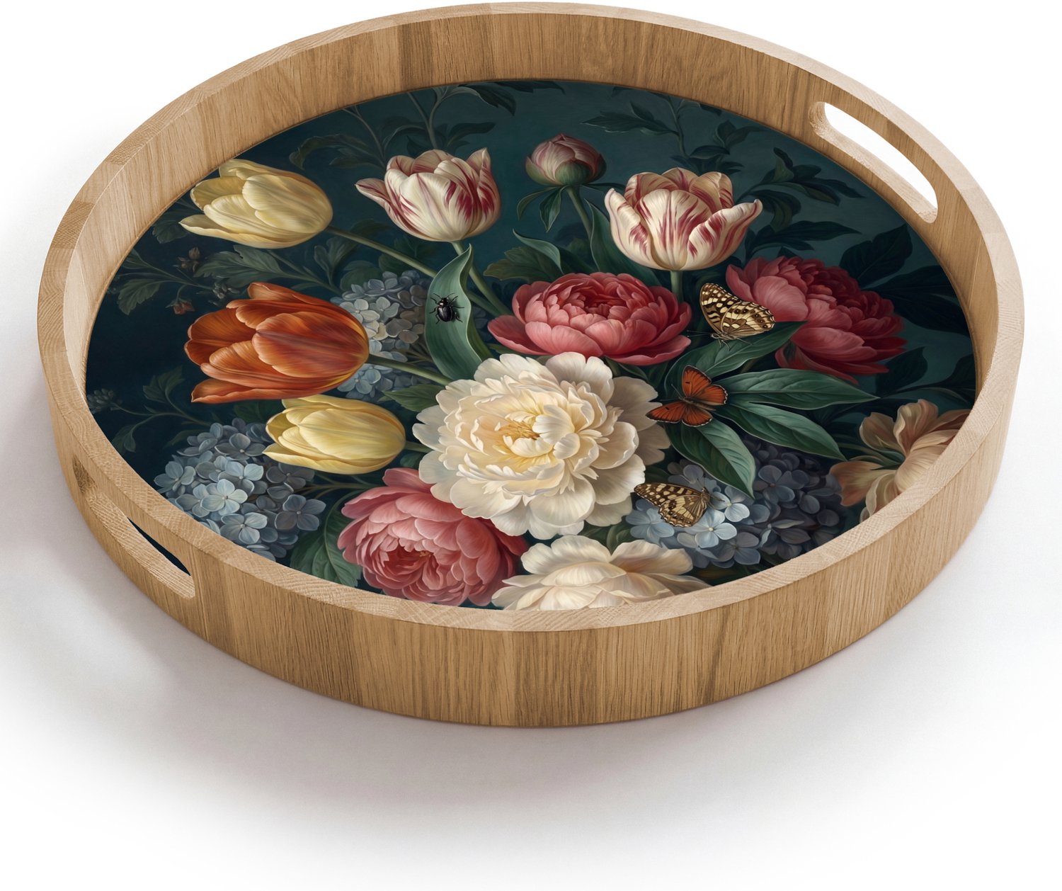 Dienblad rond 40x40 cm - Schootdienblad hout - Bloemen - Boeket - Natuur - Klassiek - Donker - Borrelplank rechthoek - Plateau houten dienbladen
