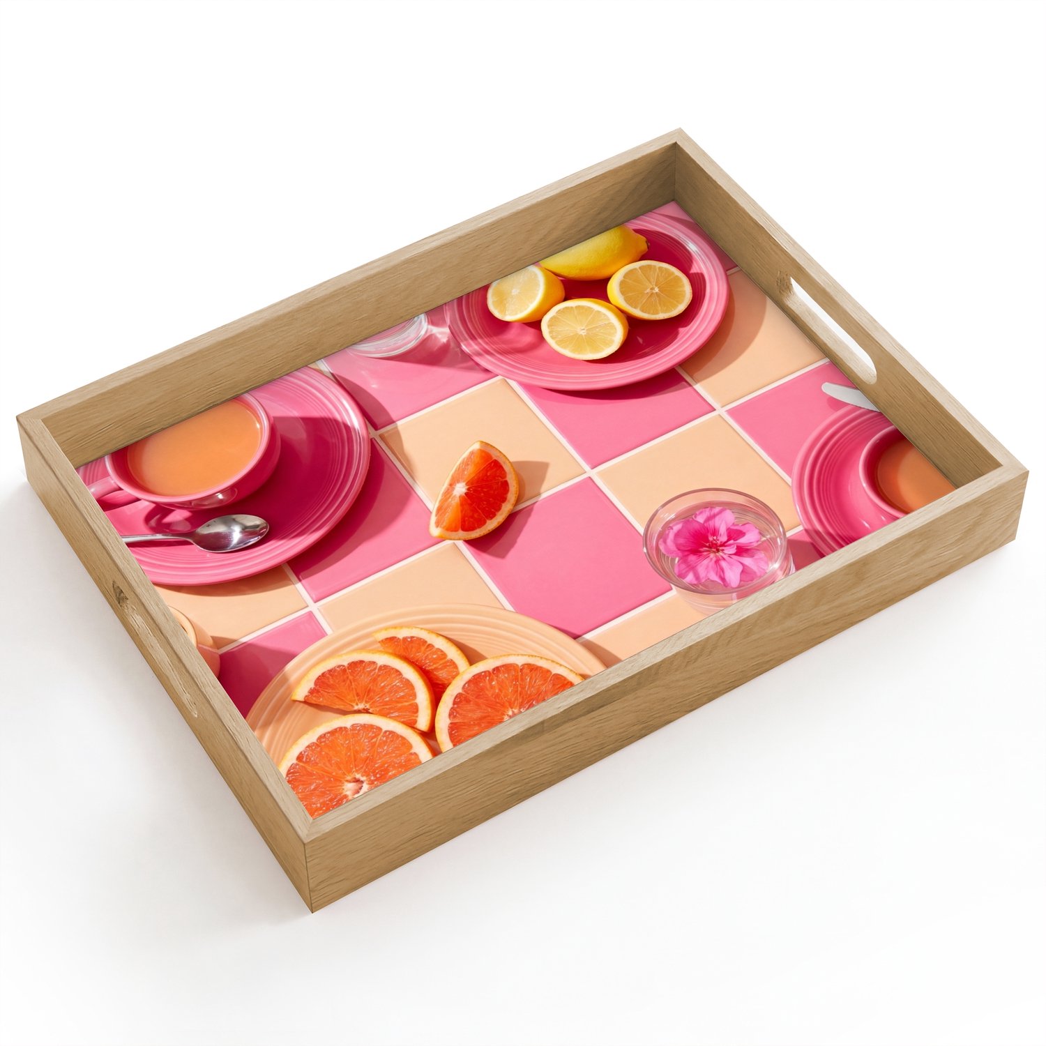 Dienblad hout 40x30 cm - Schootdienblad - Eten - Citrusvruchten - Stillevens - Roze - Oranje - Borrelplank rechthoek - Plateau dienbladen