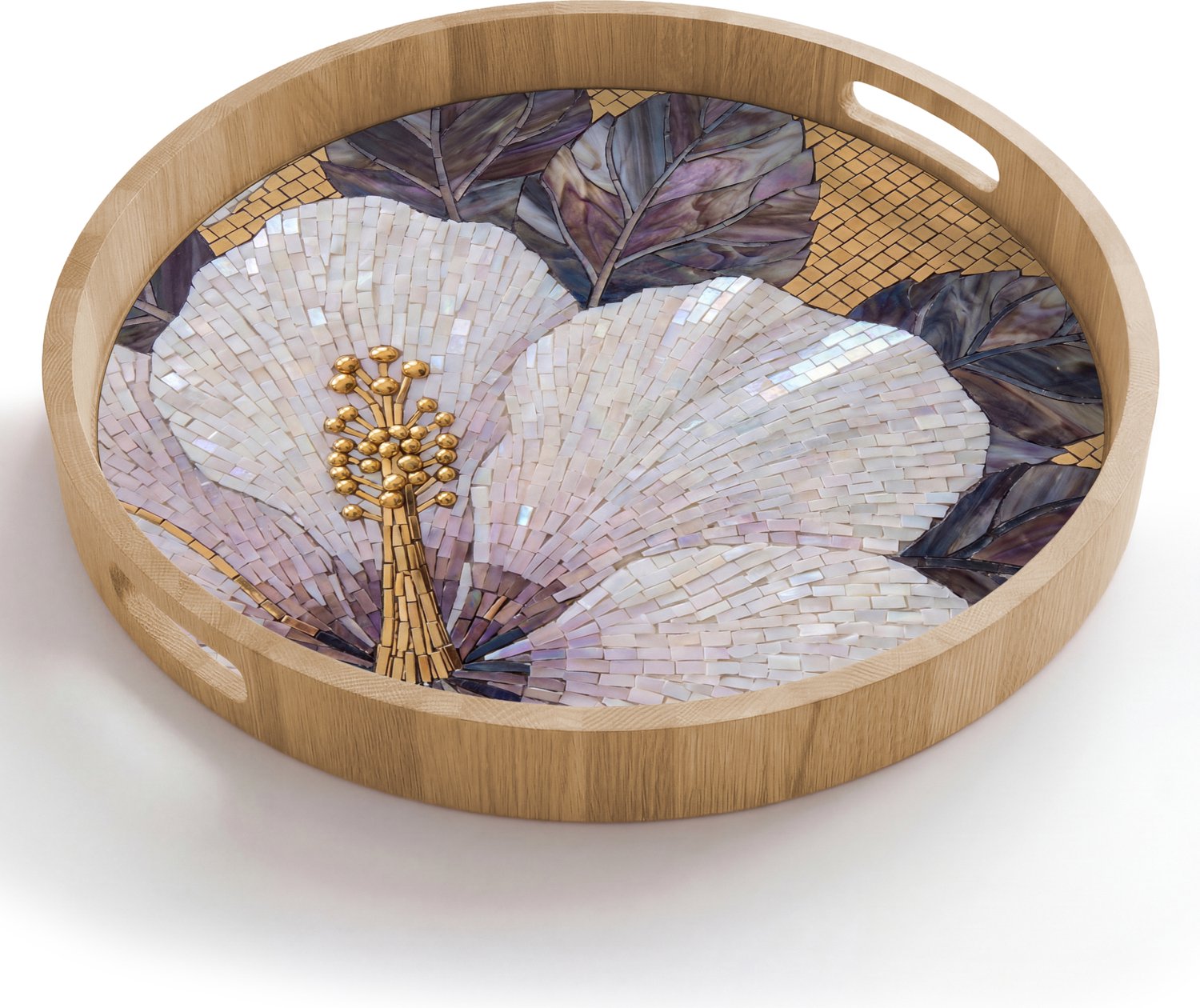 Dienblad rond 50x50 cm - Schootdienblad hout - Bloemen - Mozaïek - Kunst - Modern - Goud - Borrelplank rechthoek - Plateau houten dienbladen