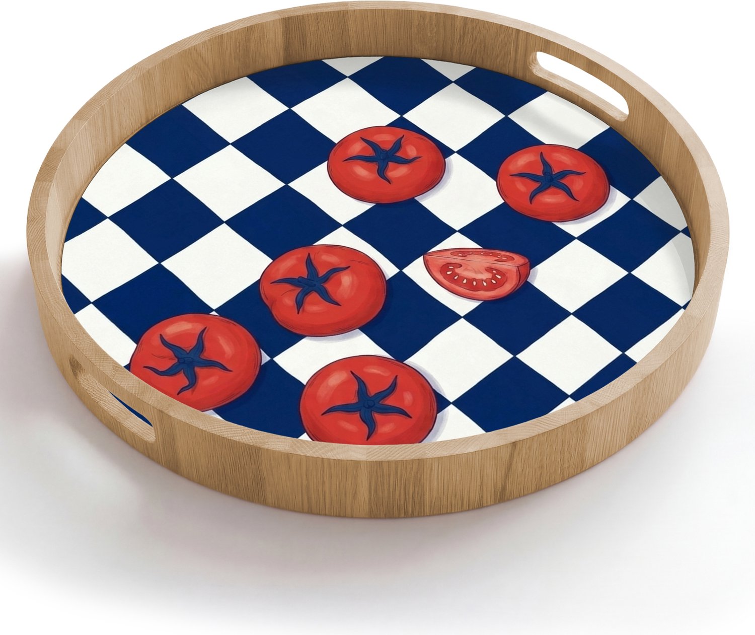 Dienblad rond 50x50 cm - Schootdienblad hout - Eten - Tomaten - Keuken - Illustratie - Rood-Blauw - Borrelplank rechthoek - Plateau houten dienbladen
