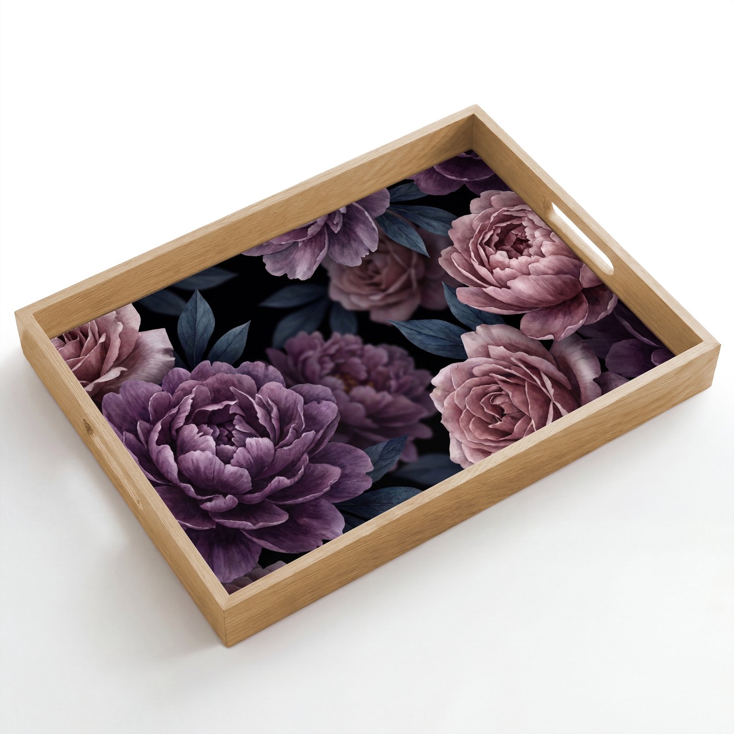 Dienblad hout 50x35 cm - Schootdienblad - Bloemen - Patroon - Donker - Botanisch - Paars - Borrelplank rechthoek - Plateau dienbladen