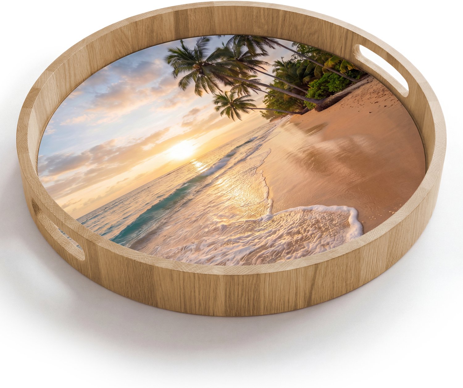 Dienblad rond 40x40 cm - Schootdienblad hout - Strand - Zonsondergang - Tropisch - Natuur - Goud - Borrelplank rechthoek - Plateau houten dienbladen