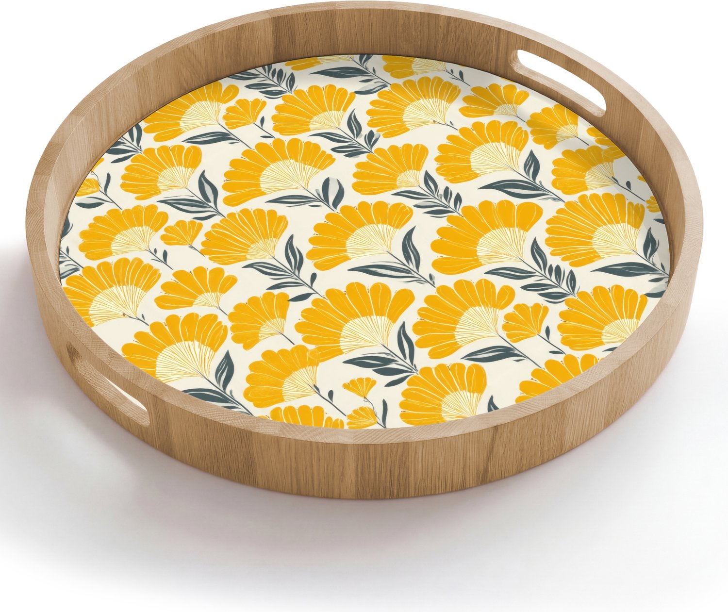 Dienblad rond 50x50 cm - Schootdienblad hout - Bloemen - Retro - Botanisch - Okergeel - Grijs - Borrelplank rechthoek - Plateau houten dienbladen