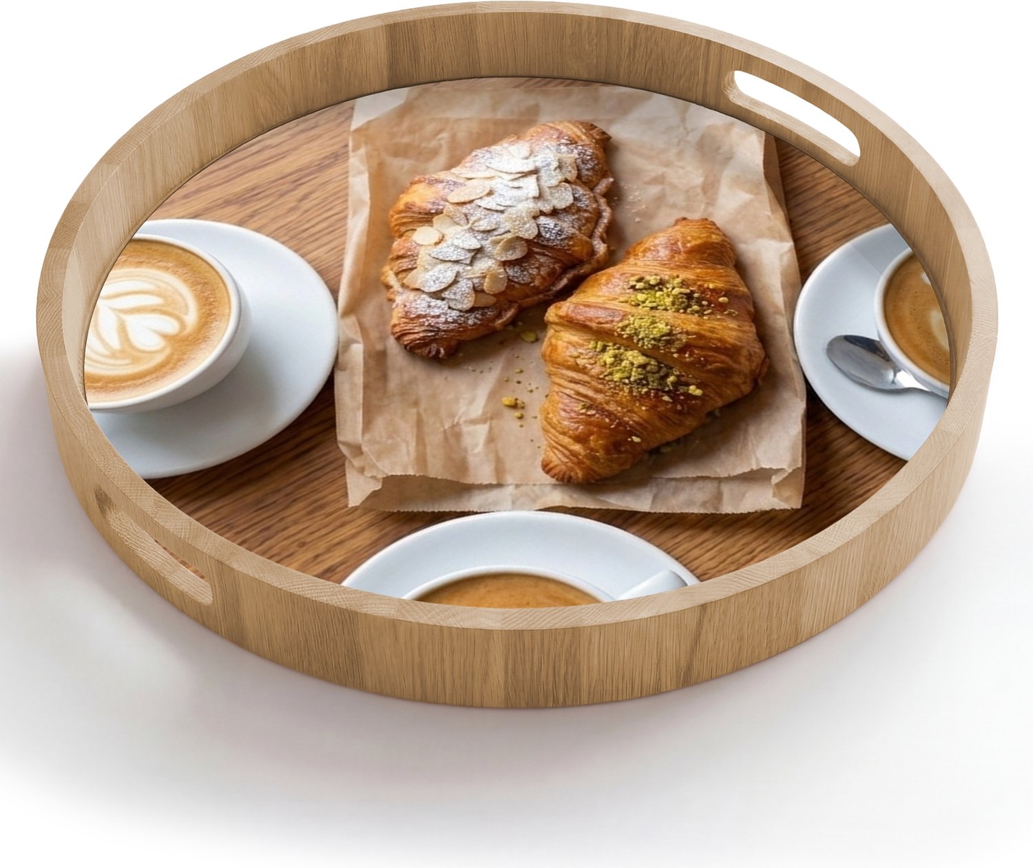 Dienblad rond 50x50 cm - Schootdienblad hout - Eten - Croissant - Koffie - Ontbijt - Modern - Borrelplank rechthoek - Plateau houten dienbladen