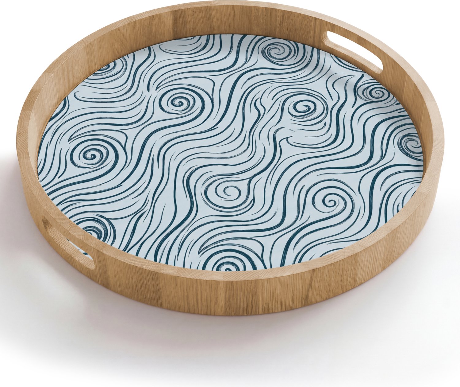Dienblad rond 50x50 cm - Schootdienblad hout - Patroon - Golven - Abstract - Modern - Blauw - Borrelplank rechthoek - Plateau houten dienbladen