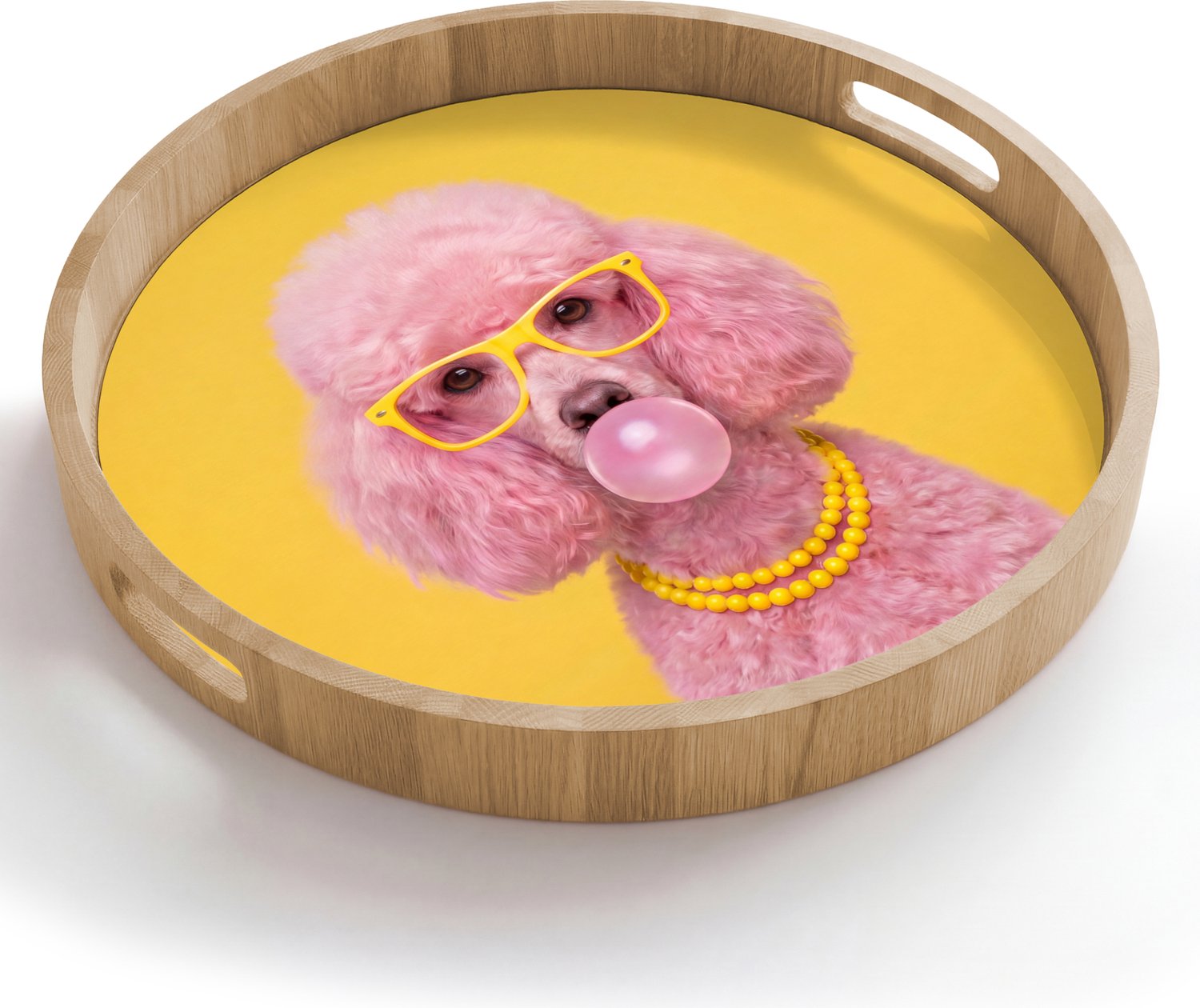 Dienblad rond 50x50 cm - Schootdienblad hout - Hond - Kauwgum - Dieren - Modern - Roze - Borrelplank rechthoek - Plateau houten dienbladen