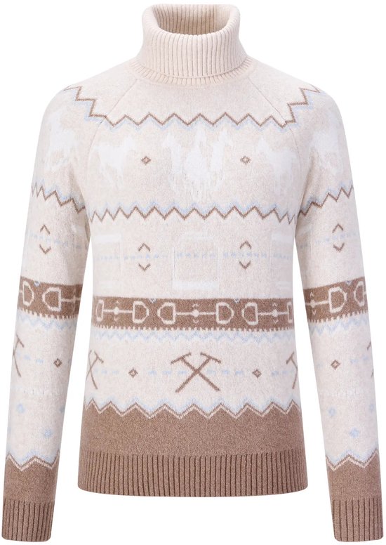 Crèmekleurige gebreide coltrui met een beige en lichtblauw geometrisch patroon en ribgebreide boorden.