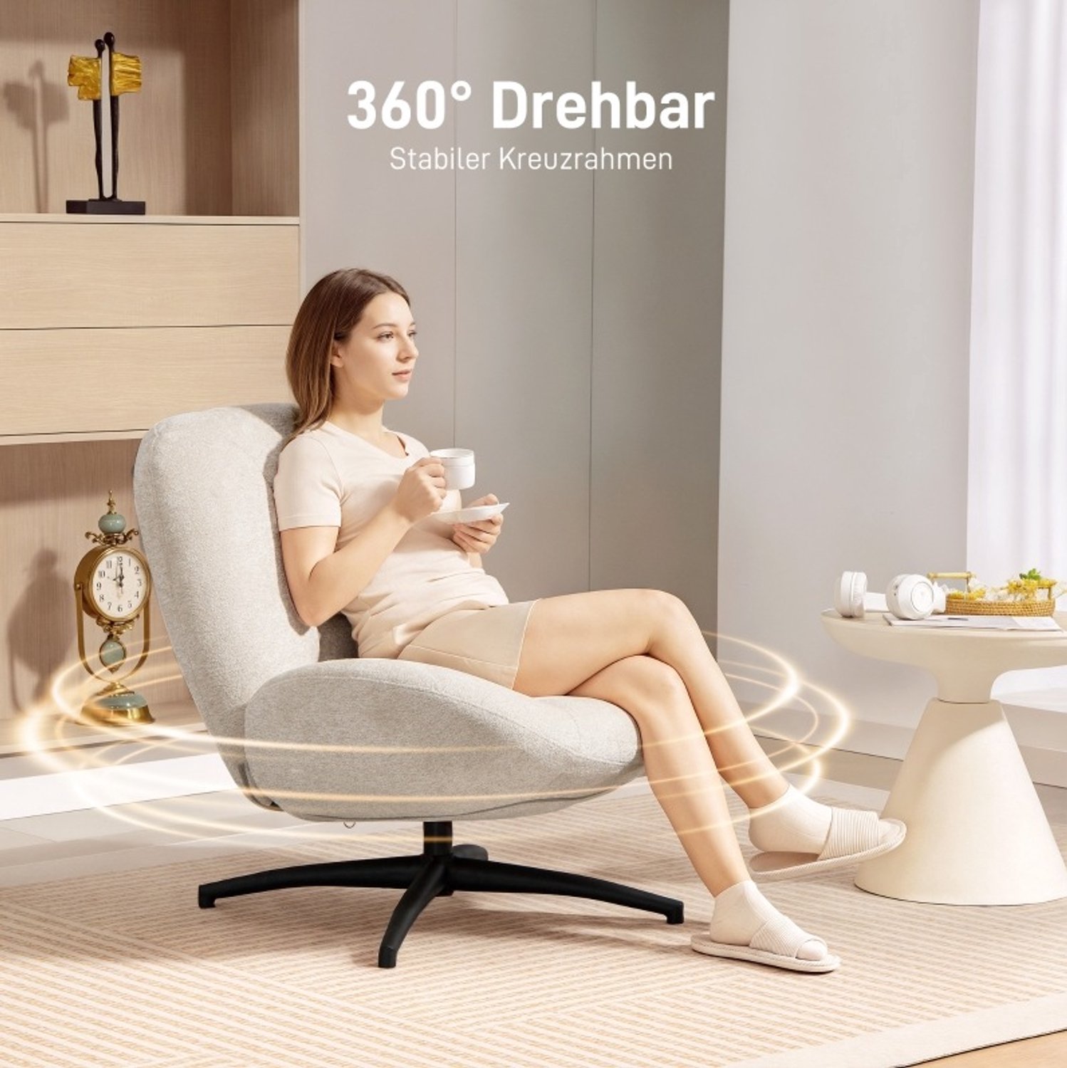 DESMIU Draaibare Fauteuil 89 x 83 x 85 cm - 360 Graden Draaibaar met Armleuningen - Voor Leeshoek en Woonkamer - Chenillestof - Crèmewit