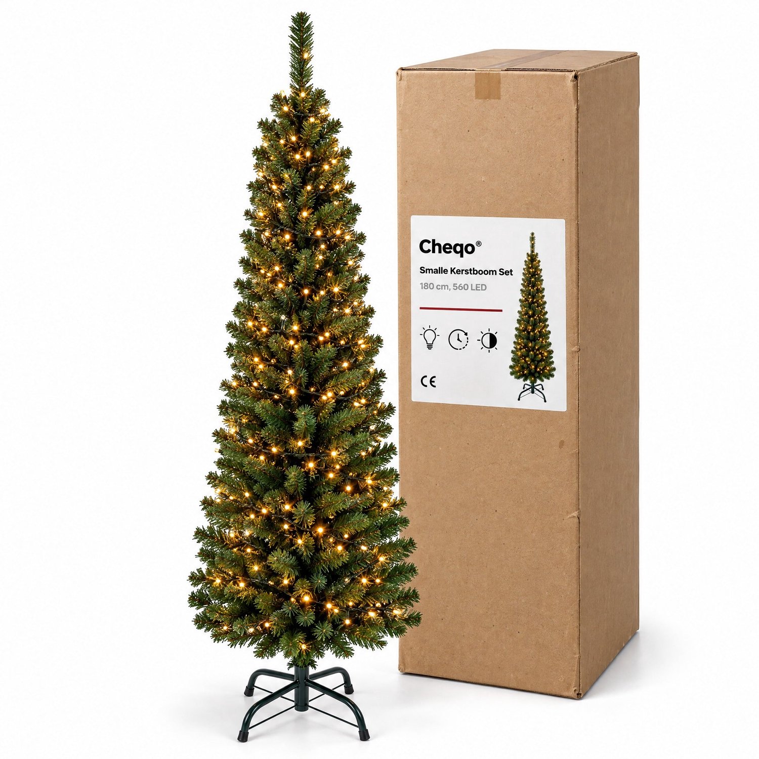 Cheqo® Smalle Kunstkerstboom 180 cm met Verlichting Warm Wit - Kerstboom met Verlichting - Dimbare Kerstboomverlichting 560 LED - Kerstlampjes - Cluster Kerstverlichting - Lichtsnoer - LED Kerstboom - Smalle Kerstboom – foto 8