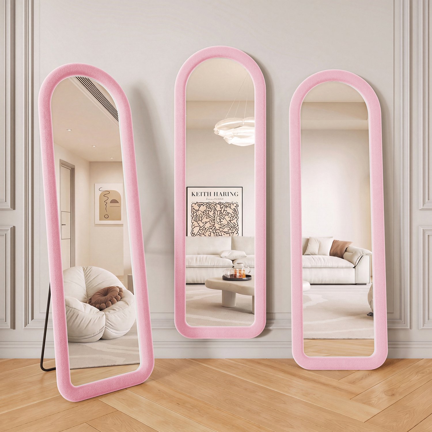 ROSAHQNDA Staande spiegel 160x50 cm, boogvormige passpiegel met fluwelen bekleding en afgeronde zachte randen, make-upspiegel voor slaapkamer, hal en woonkamer, roze