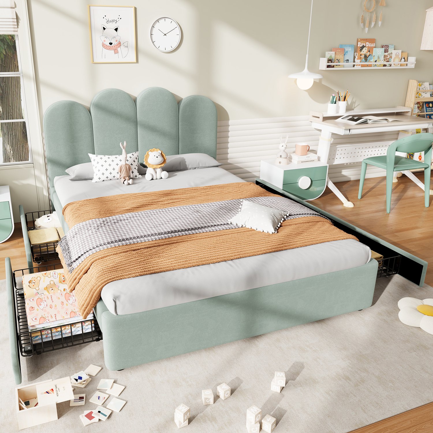 HAUSS SPOLE Gestoffeerd Bed 140x200 cm - Tweepersoonsbed met Vier Lades - Gebogen Hoofdbord en Opbergruimte - Zonder Matras - Fluweel - Lichtgroen