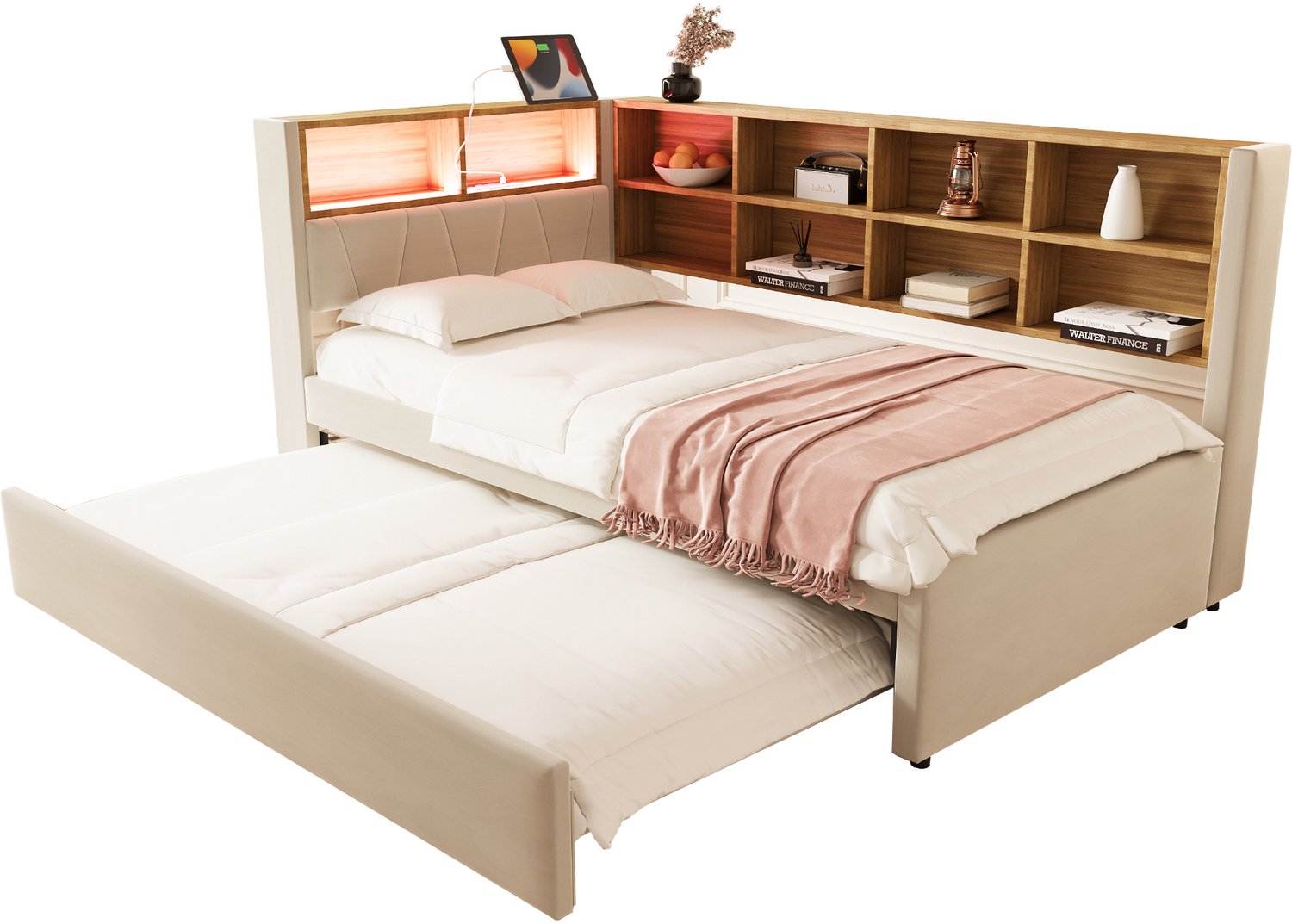 MUVANO Slaapbank 90 x 200 cm - uitschuifbed 90 x 190 cm - LED-verlichting - opbergvakken - laadpoorten - flanellen bekleding - beige
