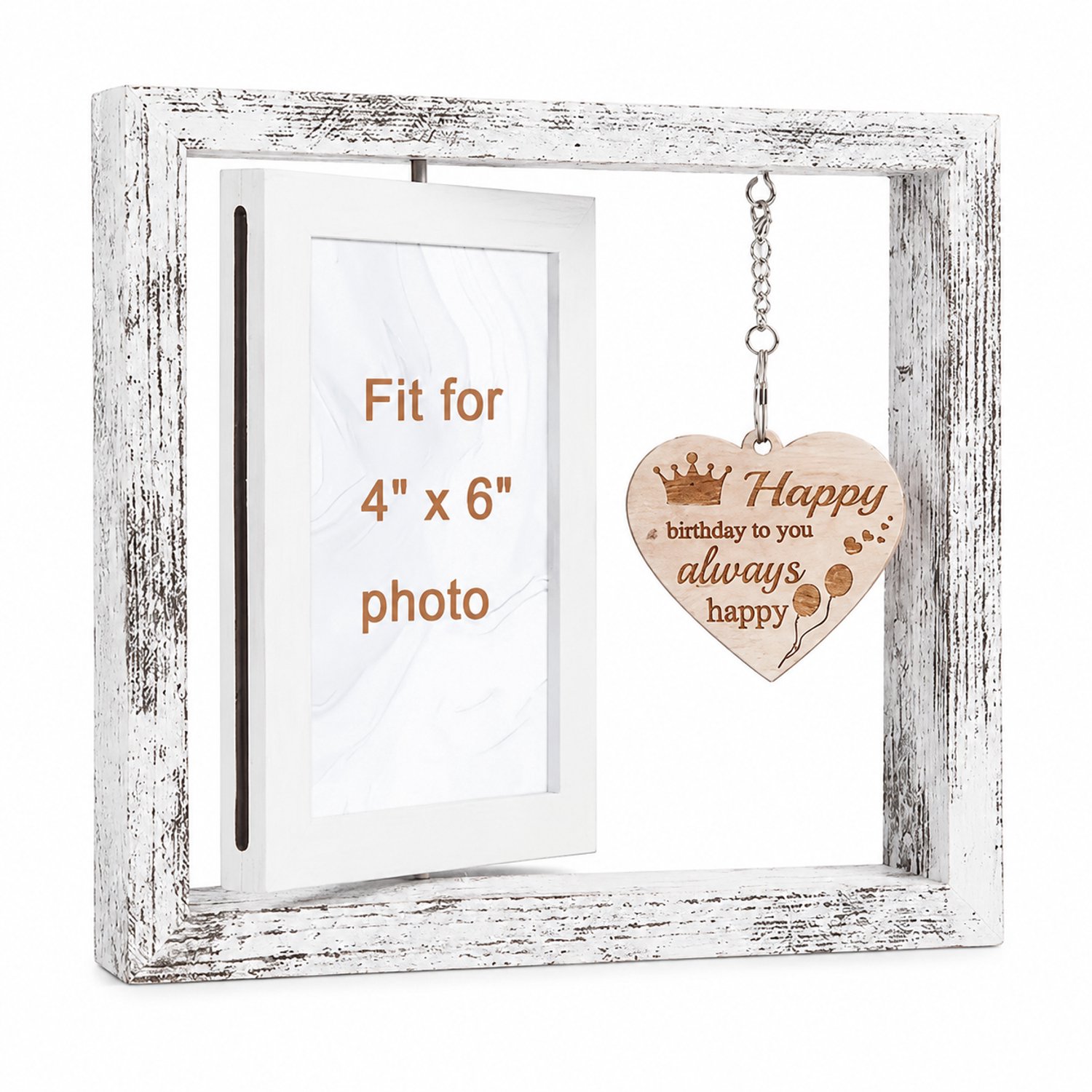 SWGOTA Dubbelzijdig draaibare fotolijst voor foto's van 10,16 x 15,24 cm - Verweerd wit, tafelmodel met hartvormige hanger