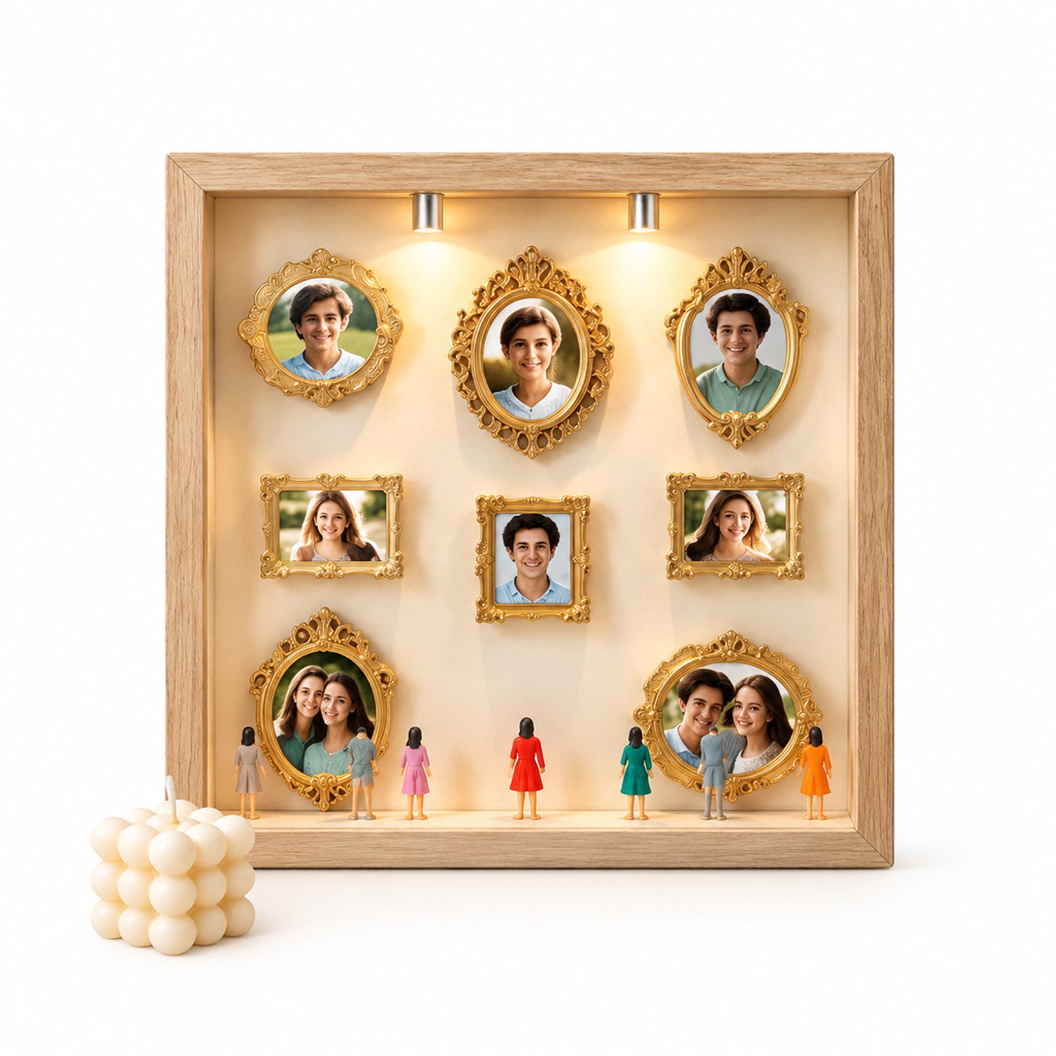 SWGOTA Zwarte MDF-presentatielijst, binnenmaat 20 x 25 cm, met 8 miniatuurlijstjes en 8 willekeurige figuurtjes, tafeldecoratie