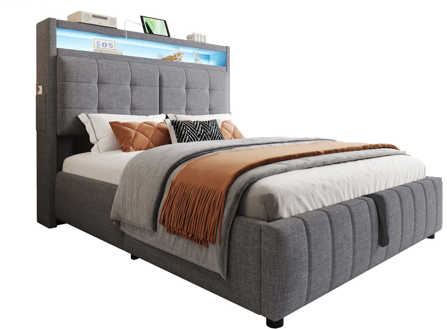 MUVANO Gestoffeerd bed 140 x 200 cm - tweepersoonsbed met LED-verlichting en USB-aansluiting - hydraulische opbergruimte - grijs linnen