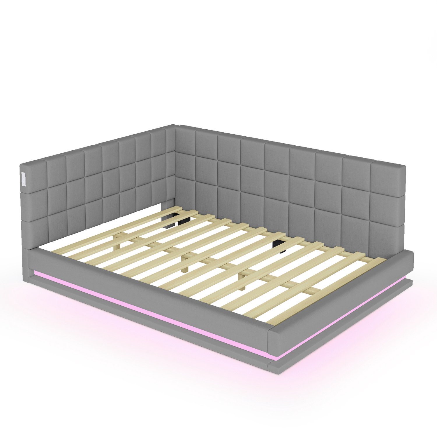 MUVANO Slaapbank 140 x 200 cm - multifunctioneel bed met LED-verlichting - slaapbank met USB-aansluiting en lattenbodem - grijze linnen bekleding Grijs