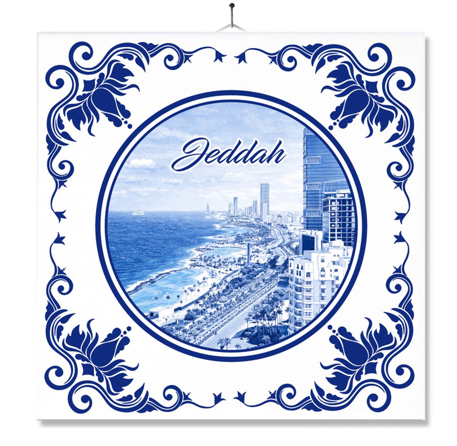 MC Living Tegel Met Opdruk | Jeddah | Delft Blauw | Cadeau | Inclusief Geschenkdoos | Standaard | Ophangsysteem Multi-Color