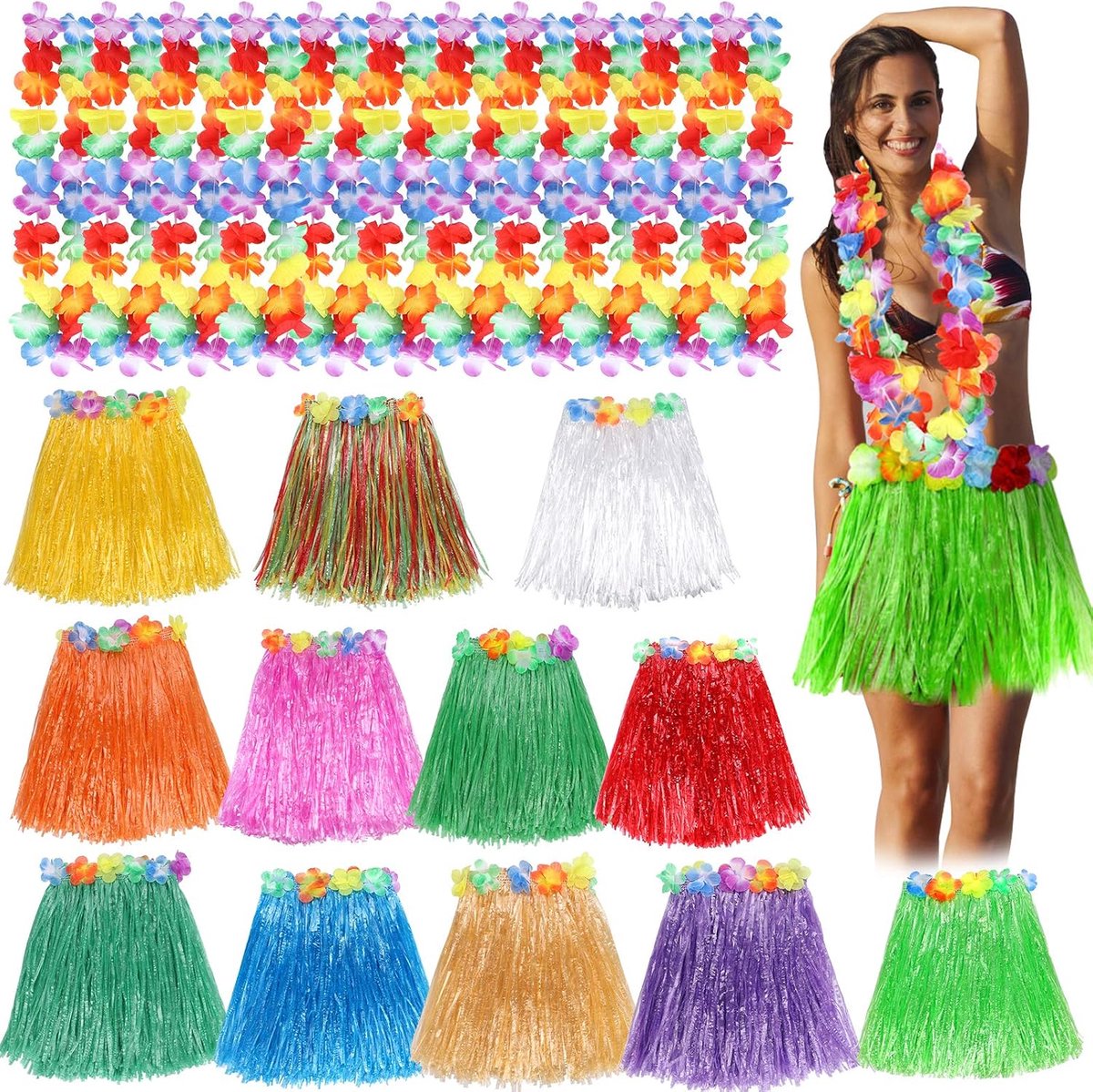 Toyssa Hawaii Skirt with Hawaiian Flower Chain Grass Flowers Skirt Kids Adults Multicolor, One Size - ShopVlot