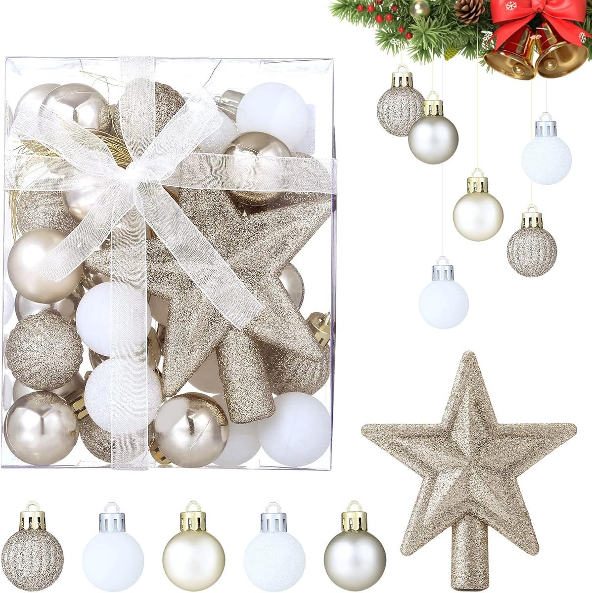 Kerstballen set 30 stuks - glitter - zilver/goud/wit - prachtige kerstboomversiering - ShopVlot