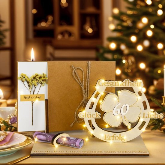 60e verjaardag vrouw man, 60 geldgeschenken verjaardag voor vrouw man, led klaverblad geluk 60e verjaardag geschenken, cadeaus voor 60e verjaardag, decoratie houten gastenboek (40) — afbeelding 4
